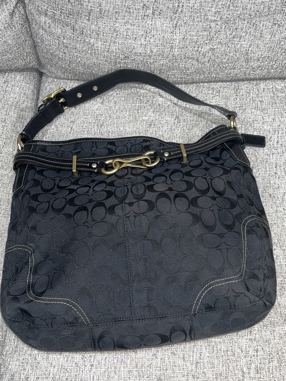 Coach Black Signature Canvas Shoulder Bag with Brass Accent